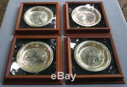 Set of 4 Franklin Mint Sterling Silver Bird Plates Original Walnut Frames 1972