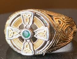Sterling Silver 24k Power Emerald Isle Celtic Cross Men Ring Franklin Mint 12.5
