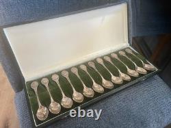 Sterling Silver Spoon Set Of 12 With Case, 12 Days Of Christmas 925 Franklin Mint