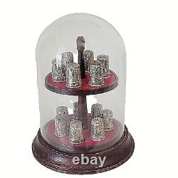 Sterling Silver Thimble Set 13 Original States Franklin Mint w Glass Dome & Base