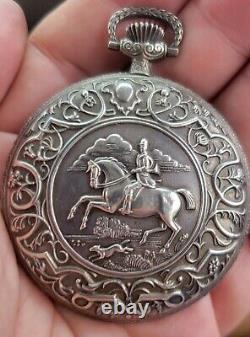 Vintage Franklin Mint Alfex Swiss Sterling Silver Pocket Watch Fox Hunting 17J