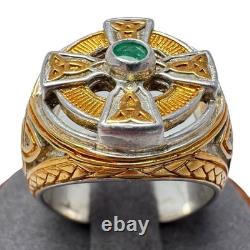 Vintage Franklin Mint Celtic Cross Emerald Sterling Silver Statement Ring 8